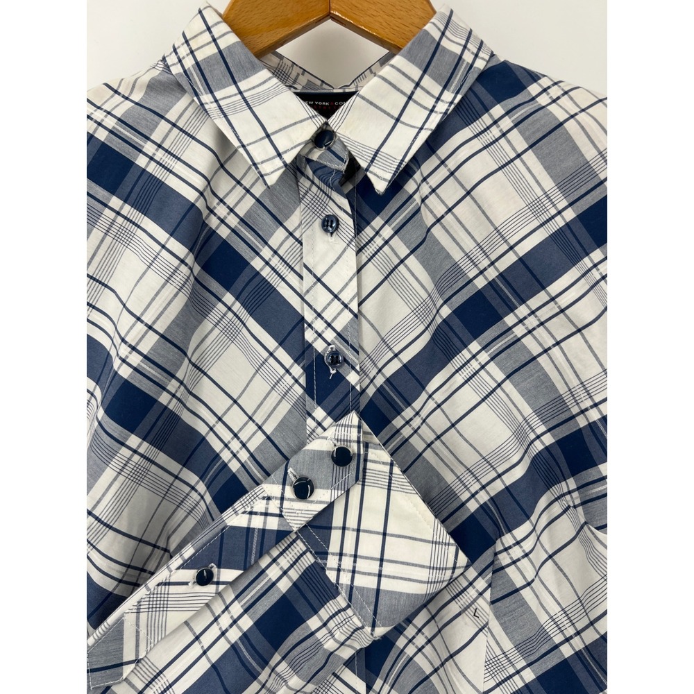 New York & Co Stretch Navy Blue White Plaid Button Up L Shirt‎ Western Cowgirl